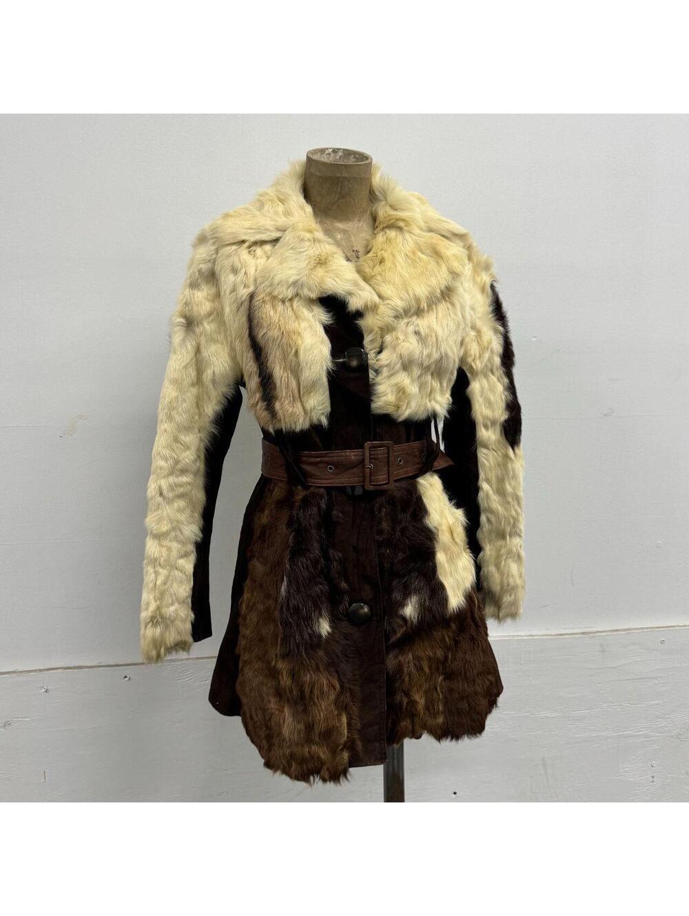 Vintage 1970s Brown Suede, Leather, Rabbit Fur Belted Coat